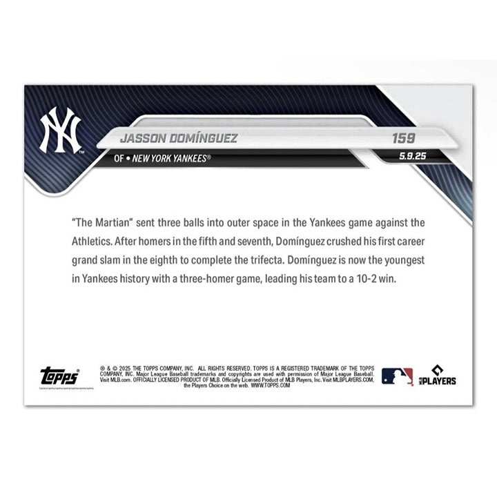 2025 Topps Now Jasson Dominguez Yankees trading card celebrating youngest player with 3-HR game