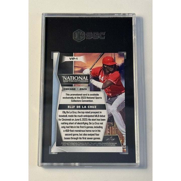 2023 Leaf National Convention Elly De La Cruz rookie trading card graded SGC 10 with Cincinnati Reds player in batting pose