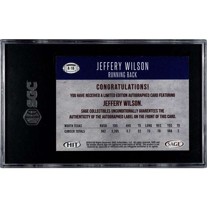 2018 Sage HIT Premier Draft Jeffrey Wilson RC football card autographed SGC 9
