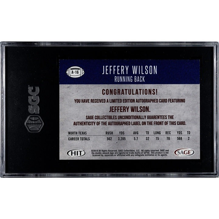 2018 Sage HIT PREMIER Draft Jeffrey Wilson RC NFL 49rs/Dolphins Card A-16 SGC 9*