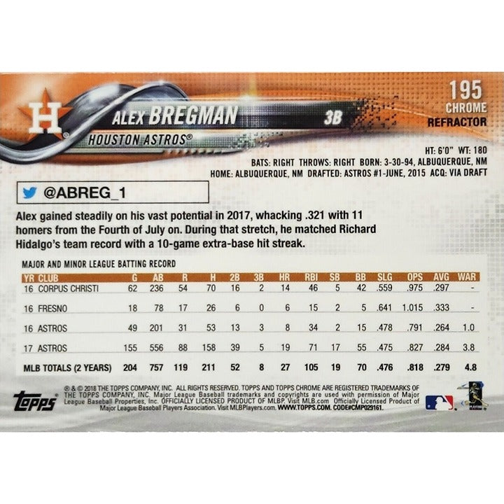 2018 Topps Chrome Refractor #195 Alex Bregman Astros World Champs - JUST PULLED!