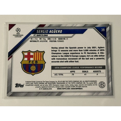 2021-22 Topps Chrome UCL Sergio Aguero Purple Refractor Futbol Card 39 Barcelona