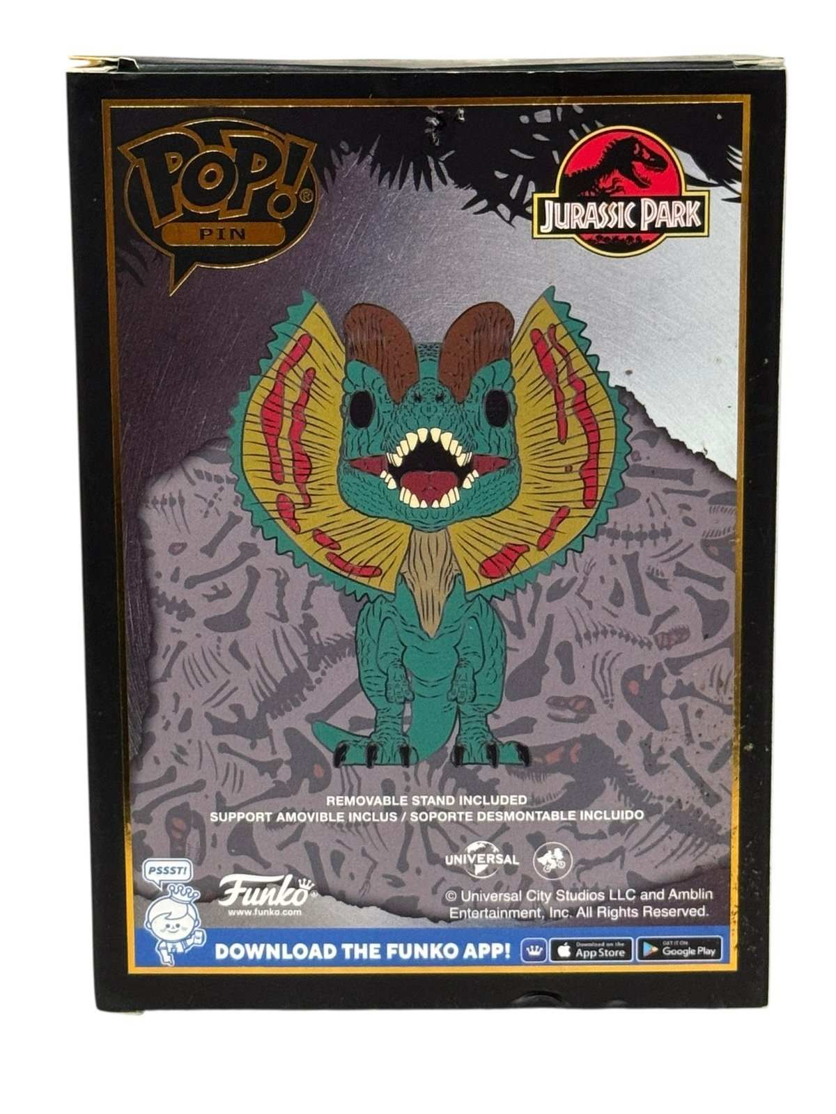 Funko Pop Pin Jurassic Park Dilophosaurus SE enamel collectible with display window