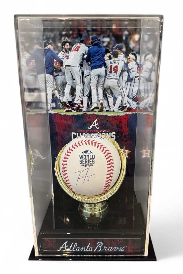 Freddie Freeman signed 2021 World Series baseball with Fanatics authentication displayed on gold stand
