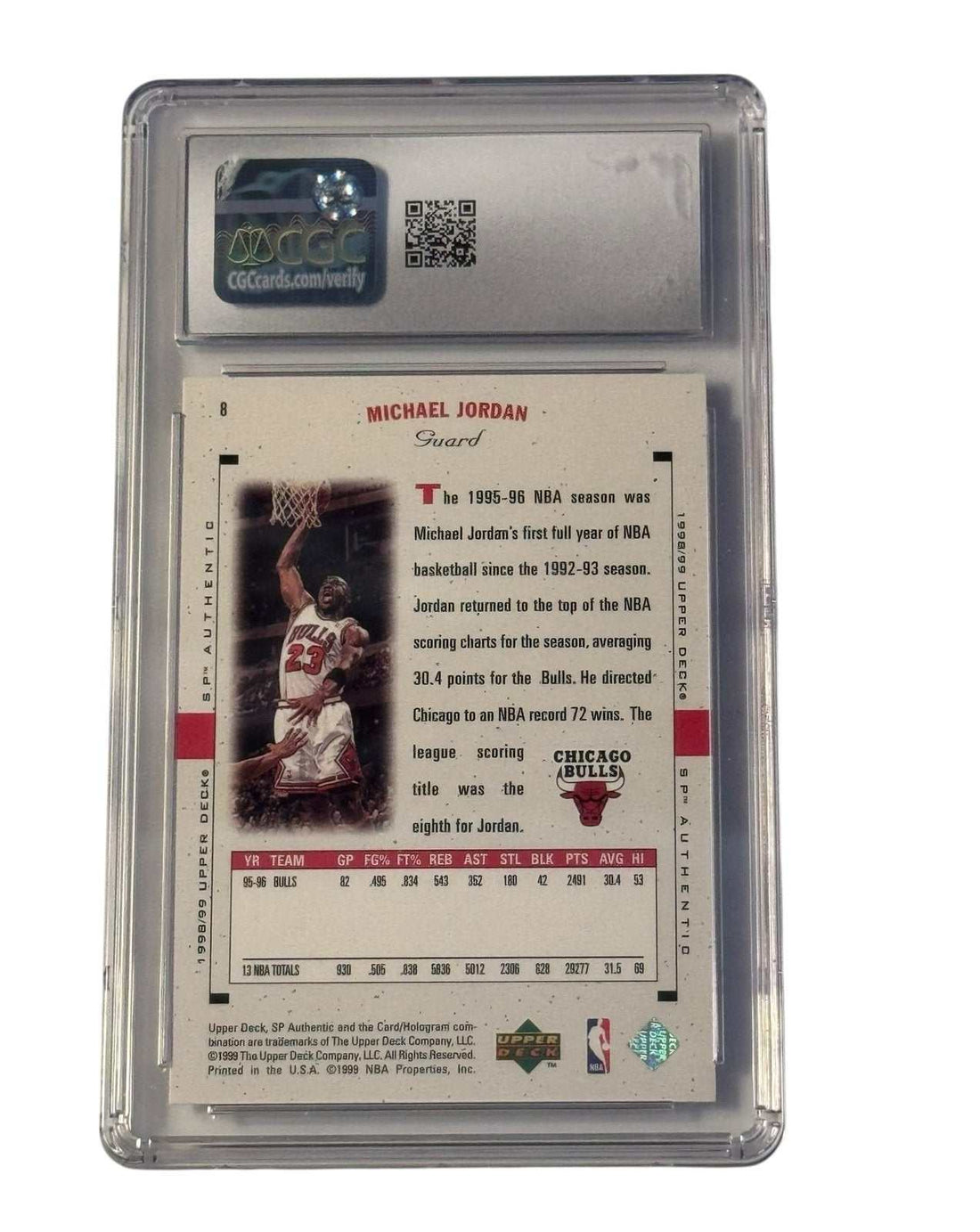 1998-99 UD SP Authentic Michael Jordan #8 Chicago Bulls CGC 9 Mint basketball card in protective slab