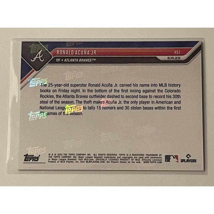 2023 Topps Now Ronald Acuna Jr baseball card Braves 1st MLB 15 HR 30 SB milestone