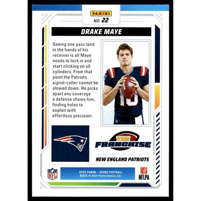 2025 NFL SCORE Panini Football Card Drake Maye New England Patriots 22 Near Mint