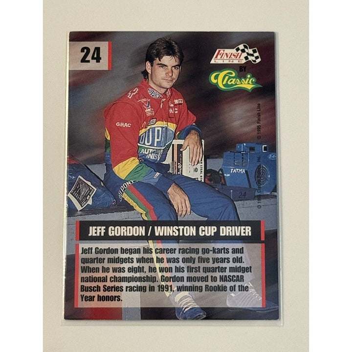 1995 Classic Finish Line Jeff Gordon silver racing card with DuPont #24 Winston Cup design