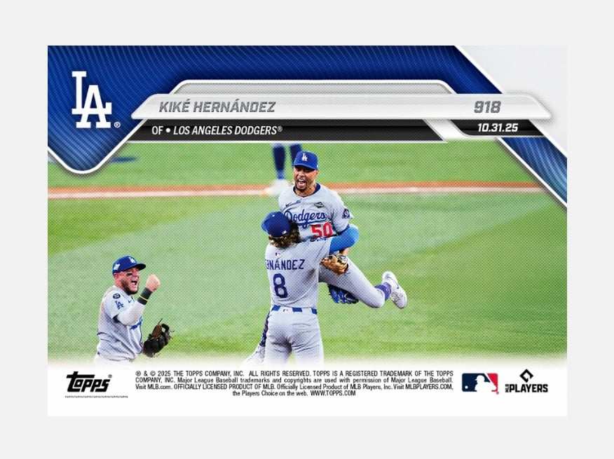 Kike Hernandez 2025 Topps NOW Card showing Dodgers celebrating game-winning double play