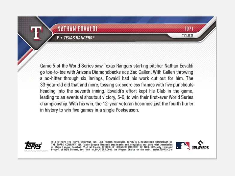 2023 World Series Nathan Eovaldi Texas Rangers Topps NOW baseball card