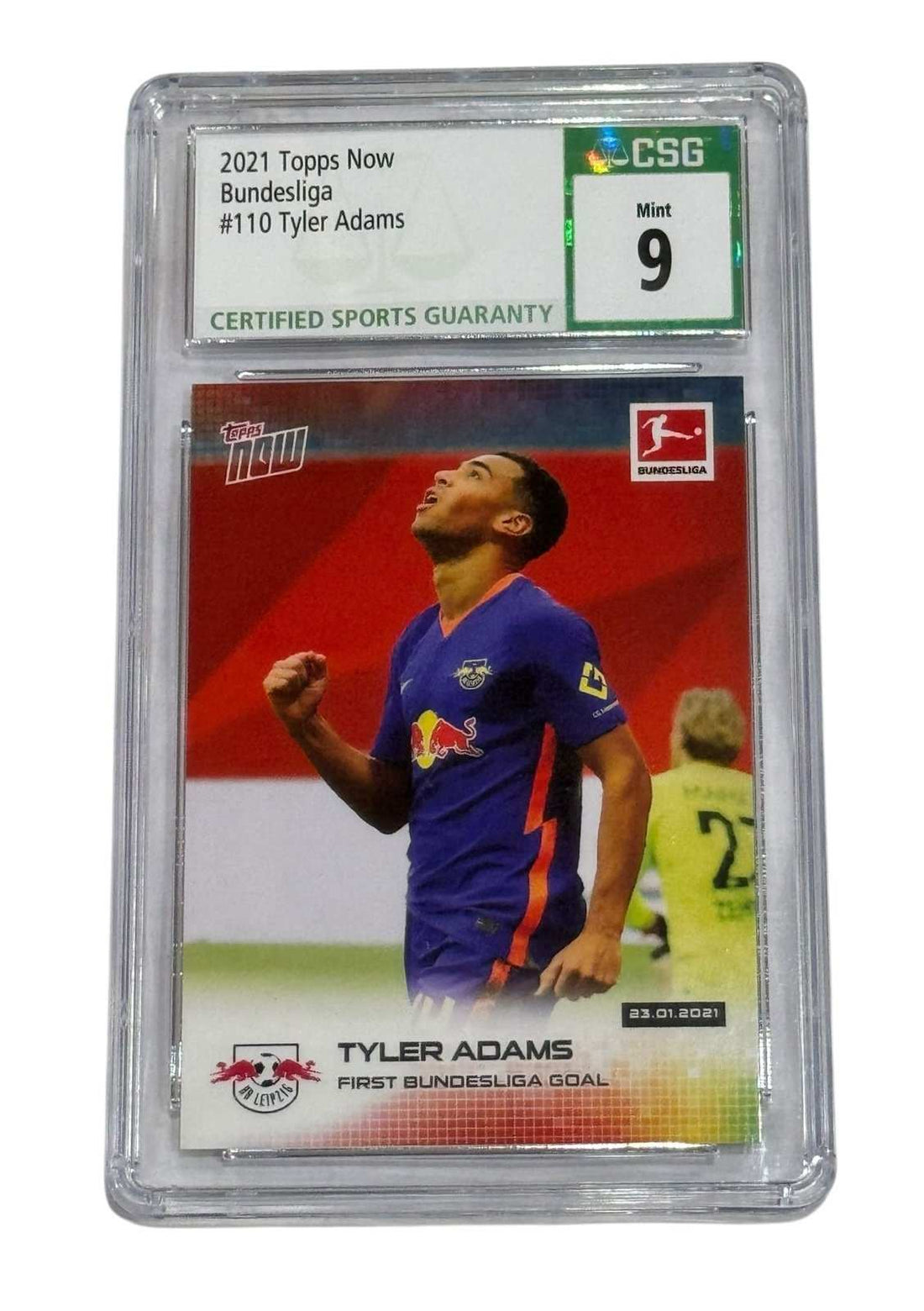 Tyler Adams 2021 Topps Now Bundesliga card graded CSG 9 showing first Bundesliga goal for RB Leipzig