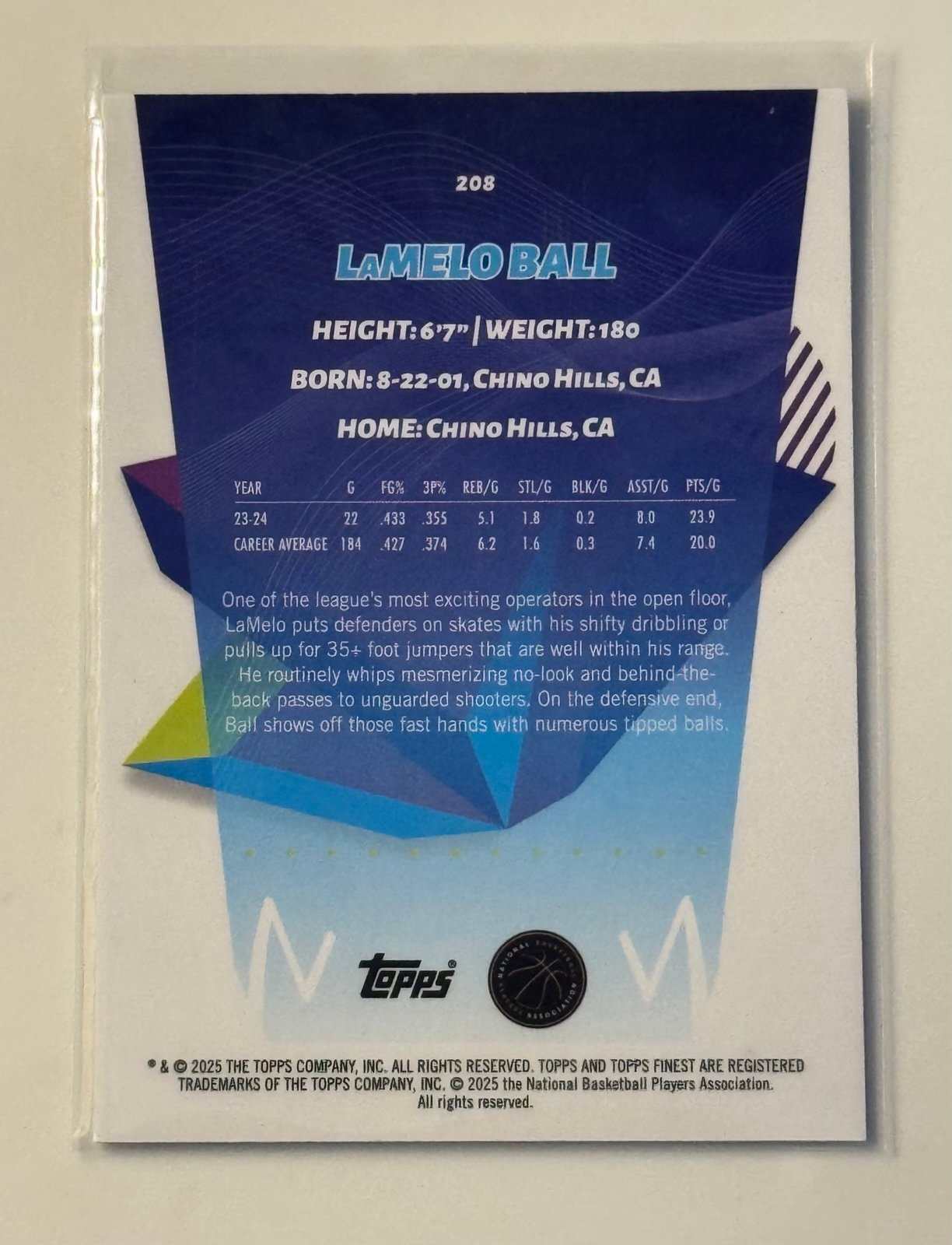 2023-24 Topps Finest LaMelo Ball basketball card #208 NBA Charlotte Hornets with detailed player stats and bio