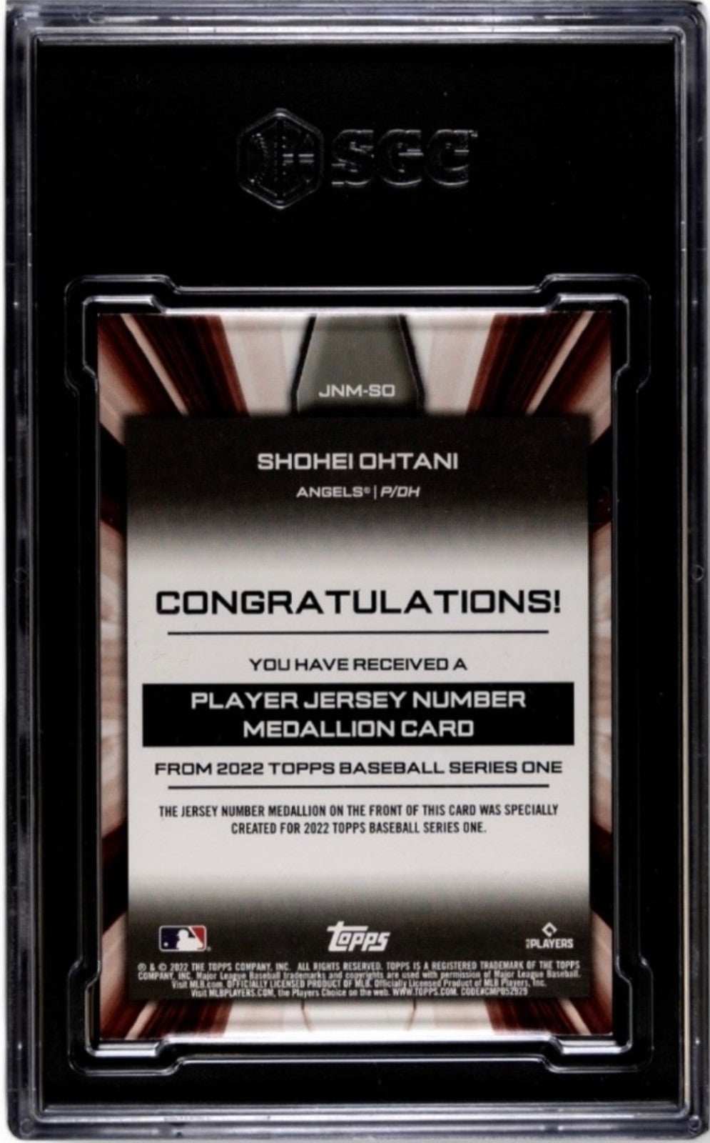 SHOHEI OHTANi 2022 Topps JNM-SO Jersey Number Medallion Card LA Angels/Dodgers SGC 8.5 slabbed