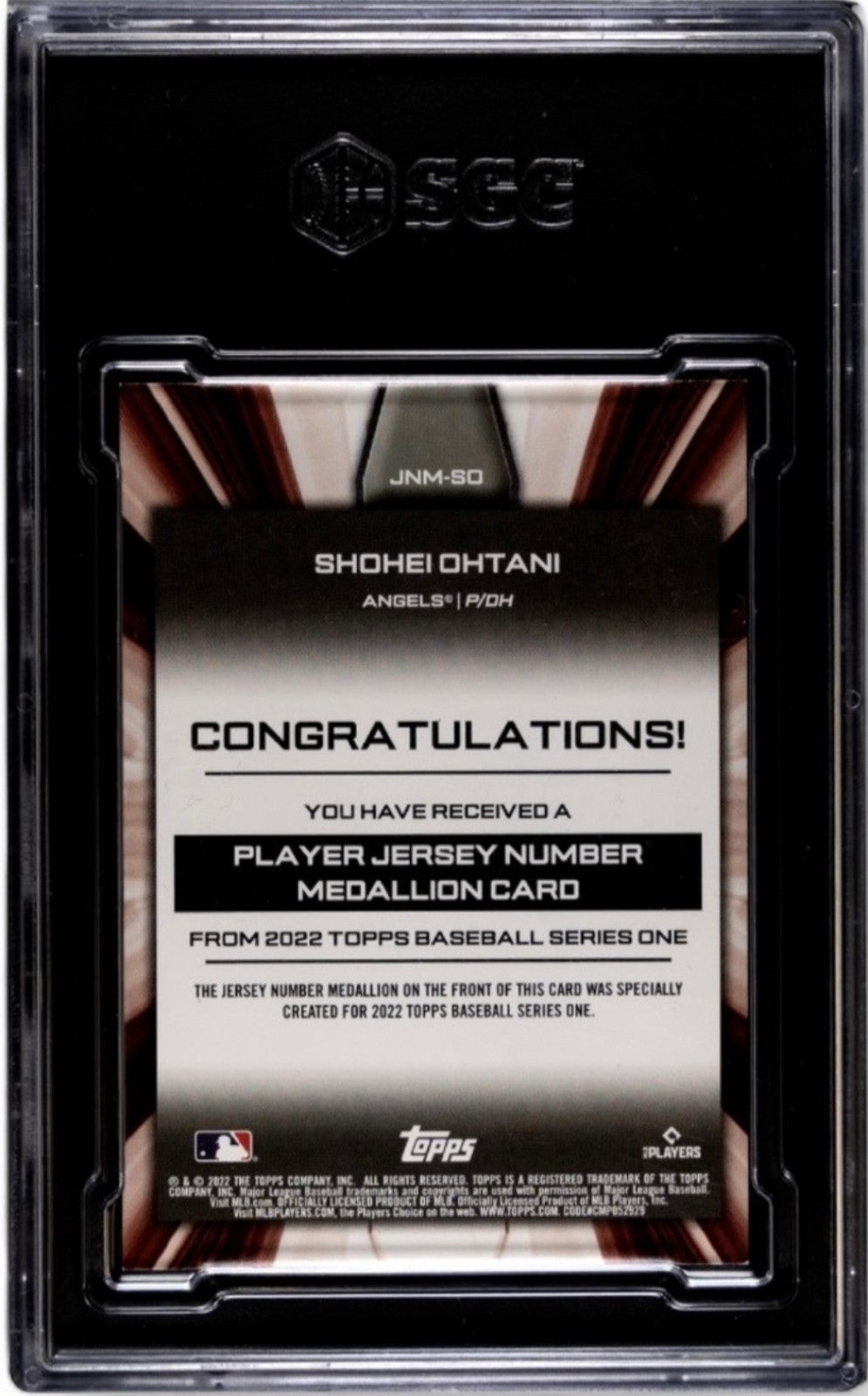 Shohei Ohtani 2022 Topps JNM-SO Jersey Number Medallion Card LA Angels Dodgers SGC 8.5 slabbed collectible