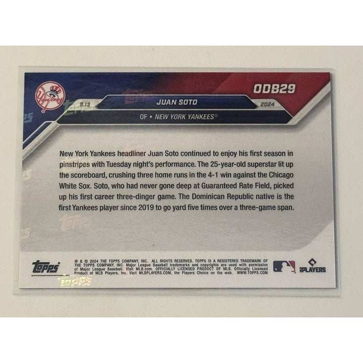 Juan Soto GOLD BONUS 2024 MLB Topps Now card commemorating 3-home run game vs NY Yankees