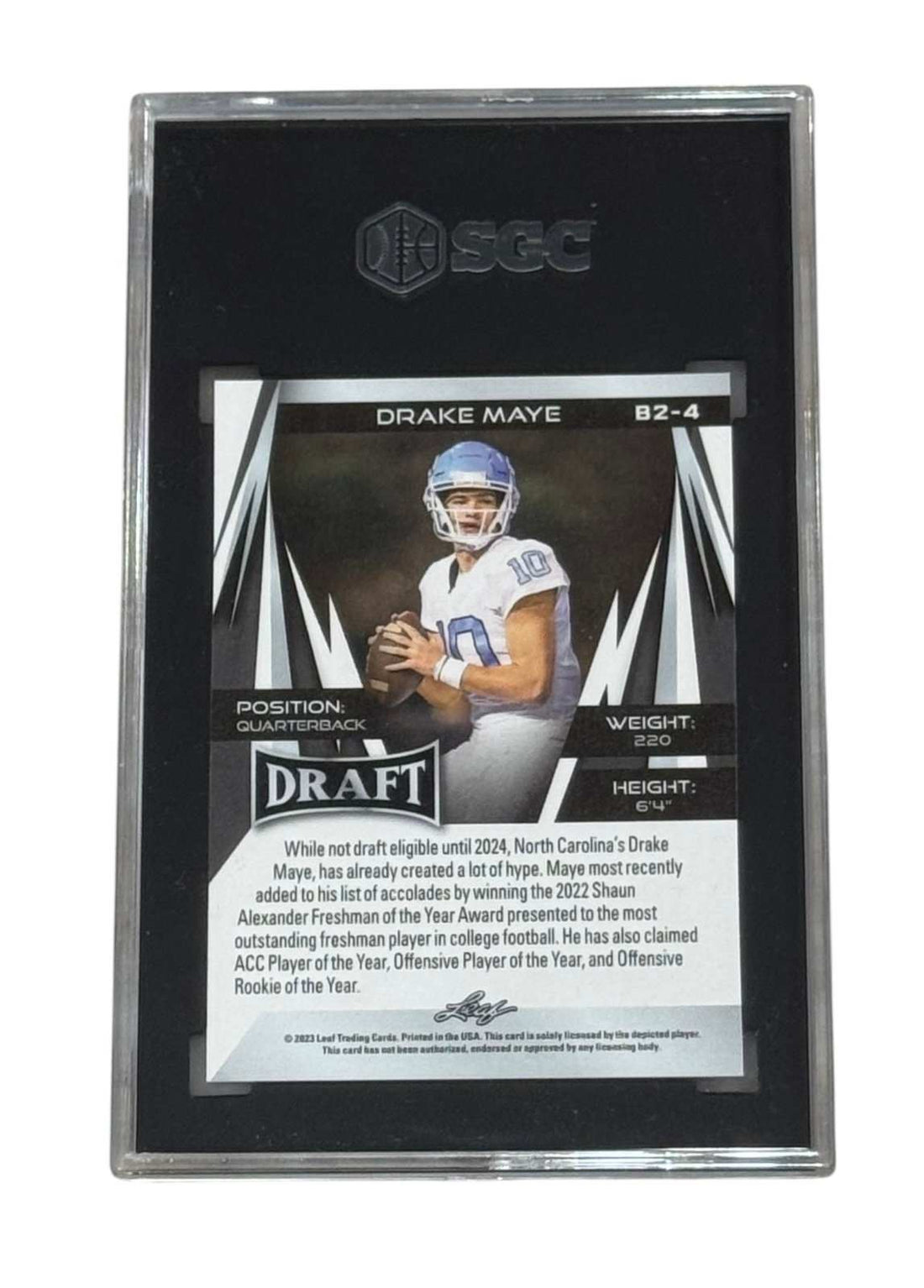 2023 Leaf Draft Drake Maye Blue Rookie Card B2 4 SGC 10 Gem Mint limited print run quarterback collectible