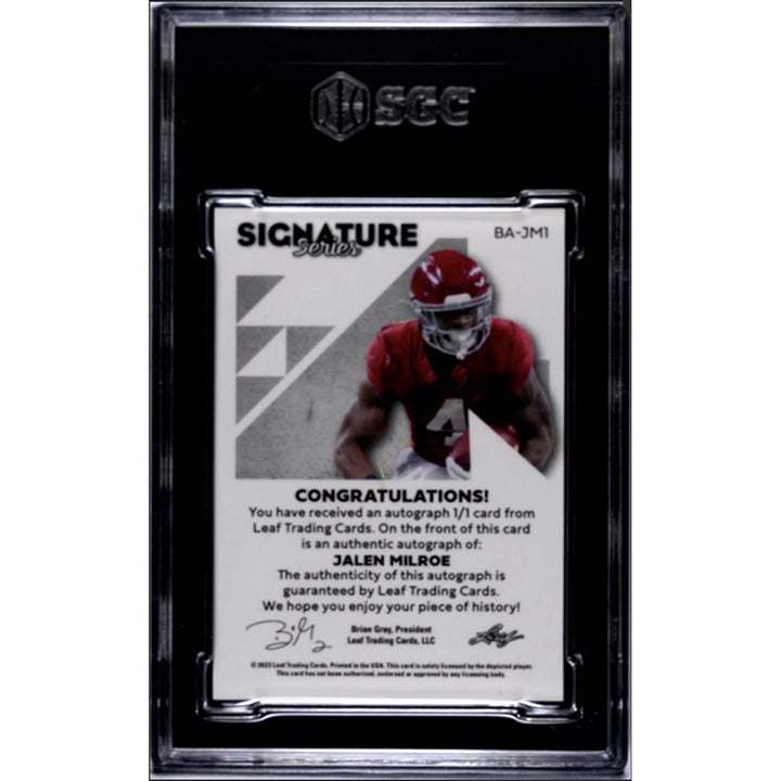 2023 Leaf Signature Series Jalen Milroe autographed rookie card graded 9.5 with crimson tide NFL design