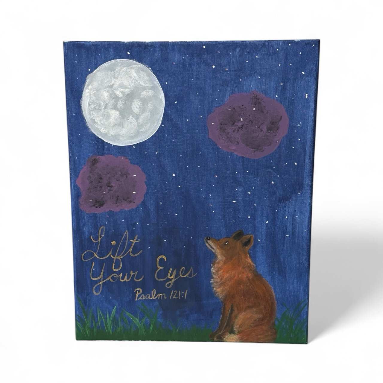Original hand painted 16x18 acrylic canvas of a fox looking at the moon with Psalm 121:1 scripture in a night sky.