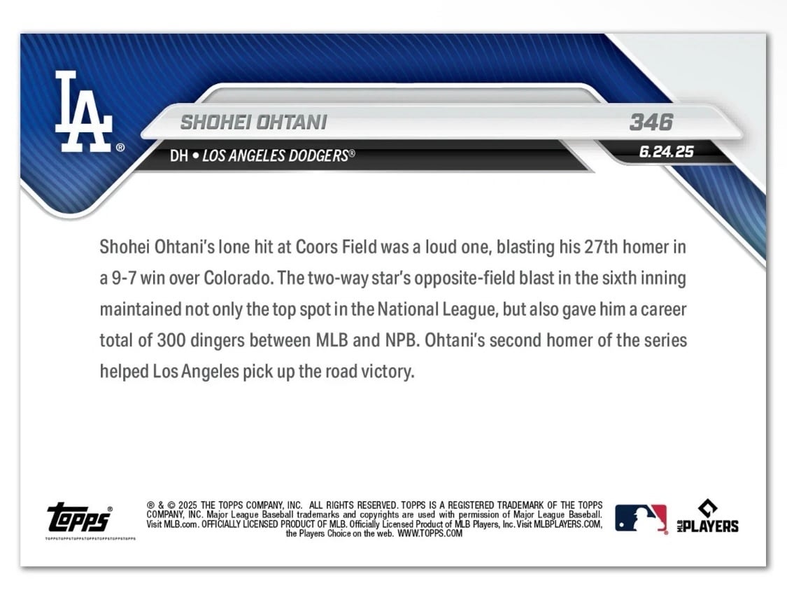 2025 MLB Topps Now Shohei Ohtani LA NL BEST 27TH HR MARKS 300 ACROSS MLB - JAPAN