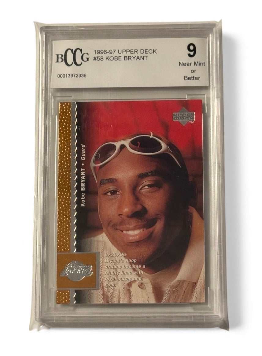1996-97 Upper Deck Kobe Bryant ROOKIE Card #58 graded BCCG 9 near mint with Lakers logo
