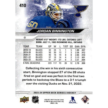 Jordan Binnington* 2023-24 Upper Deck Series 2 Update NHL Blues Hockey Card #410