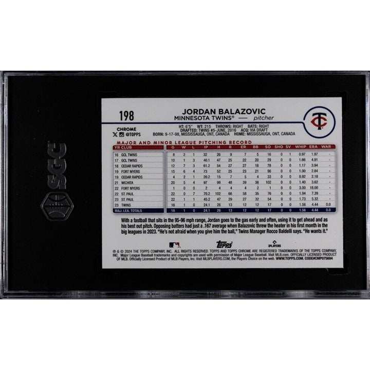 Jordan Balazovic 2024 Topps Chrome Rookie Card #198 Minnesota Twins graded SGC 9.5 in protective case