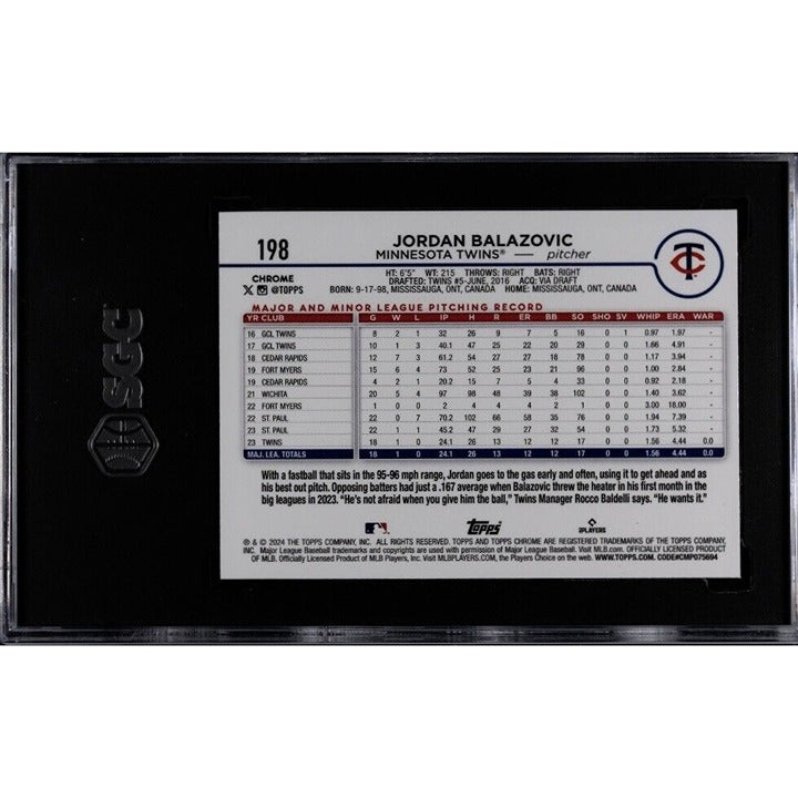 Jordan Balazovic 2024 Topps Chrome Rookie* #198 Minnesota Twins Baseball SGC 9.5