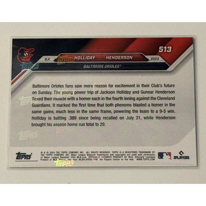Jackson Holliday and Gunnar Henderson Baltimore Orioles 2024 Topps Now limited edition baseball card Go Yard series