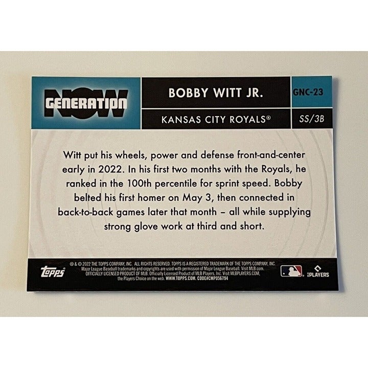 2022 Topps Chrome Update Bobby Witt Jr. RC #23 Generation Now Royals Rookie MINT