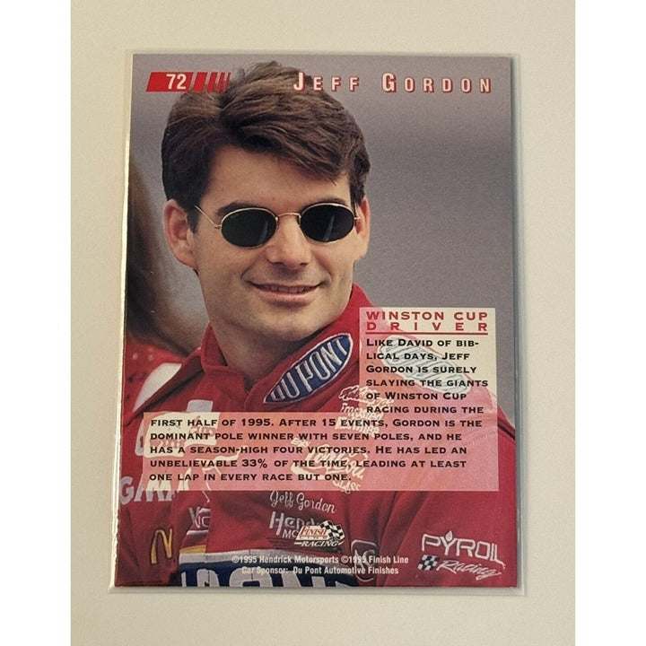 1995 Finish Line Jeff Gordon silver racing card with sunglasses and red suit vintage NASCAR collectible