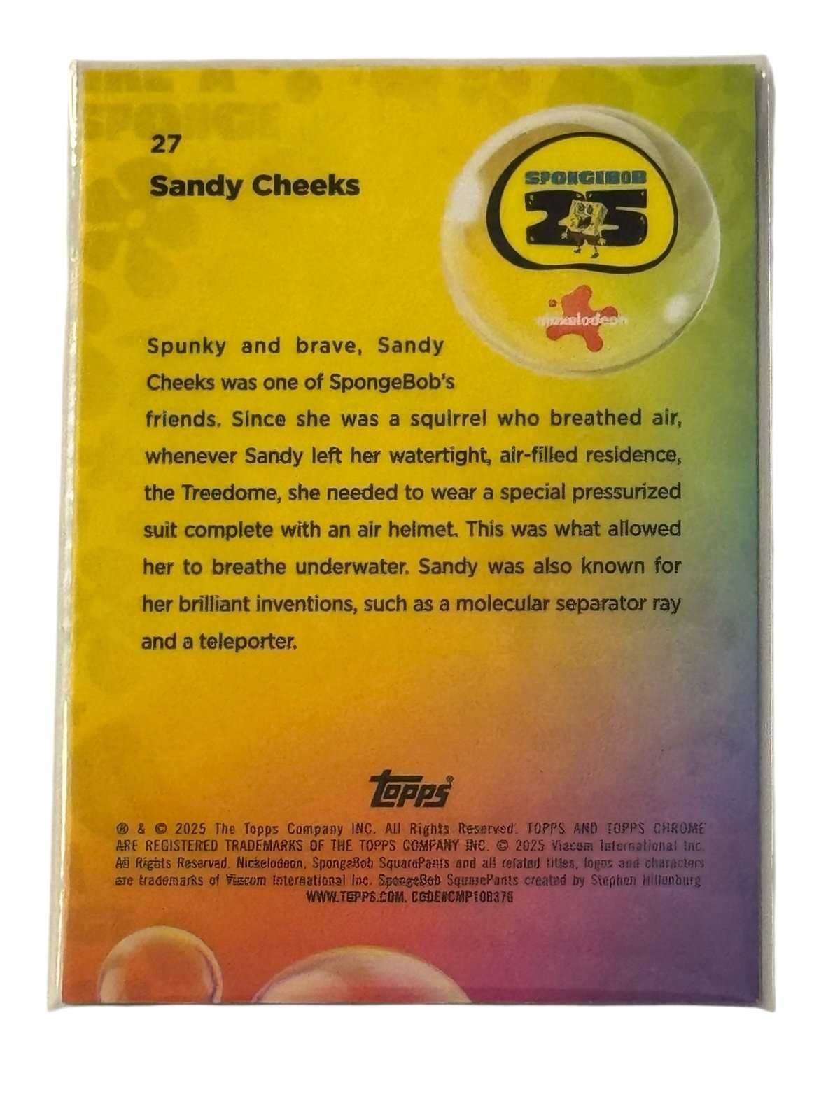 2025 Topps Chrome SpongeBob Sandy Cheeks card near mint with vibrant colors and full text back
