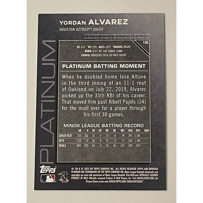 2020 Bowman Platinum Yordan Alvarez RC Refractor #100 - MLB World Series Champs*