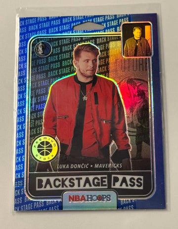 Luka Doncic 2019-20 NBA Hoops Premium Backstage Pass holographic basketball card in red jacket