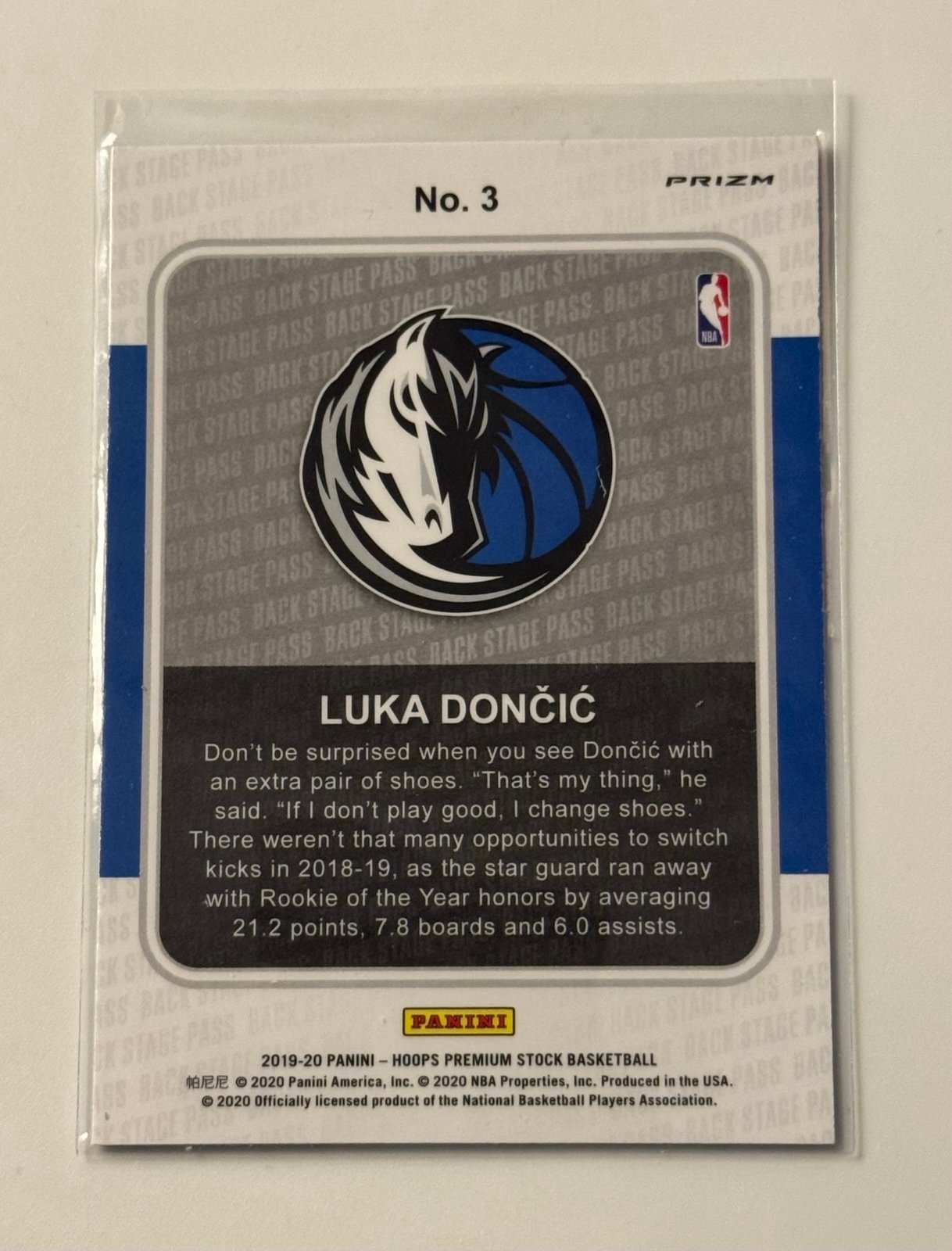 Luka Doncic 2019-20 NBA Hoops Premium Backstage Pass REFRACTOR card with Dallas Mavericks logo and player stats