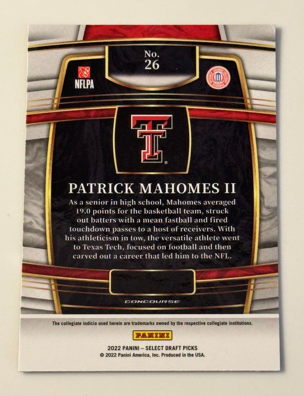 2022 PANINI SELECT DRAFT PICKS BLUE #26 PATRICK MAHOMES II CONCOURSE TEXAS TECH
