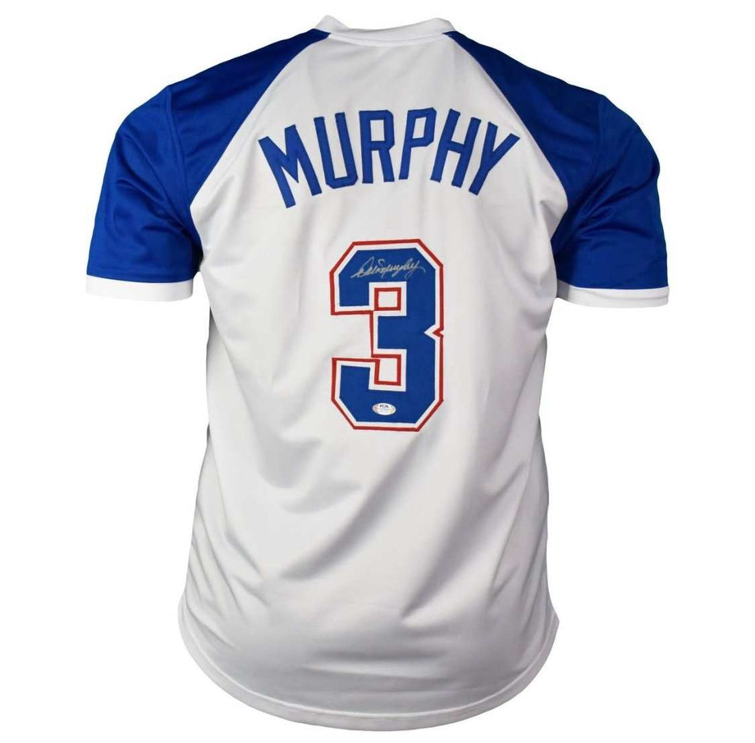 Dale Murphy signed Atlanta Braves white throwback baseball jersey with blue sleeves and number 3 autograph