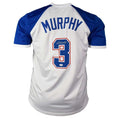 Dale Murphy signed Atlanta Braves white throwback baseball jersey with blue sleeves and number 3 autograph