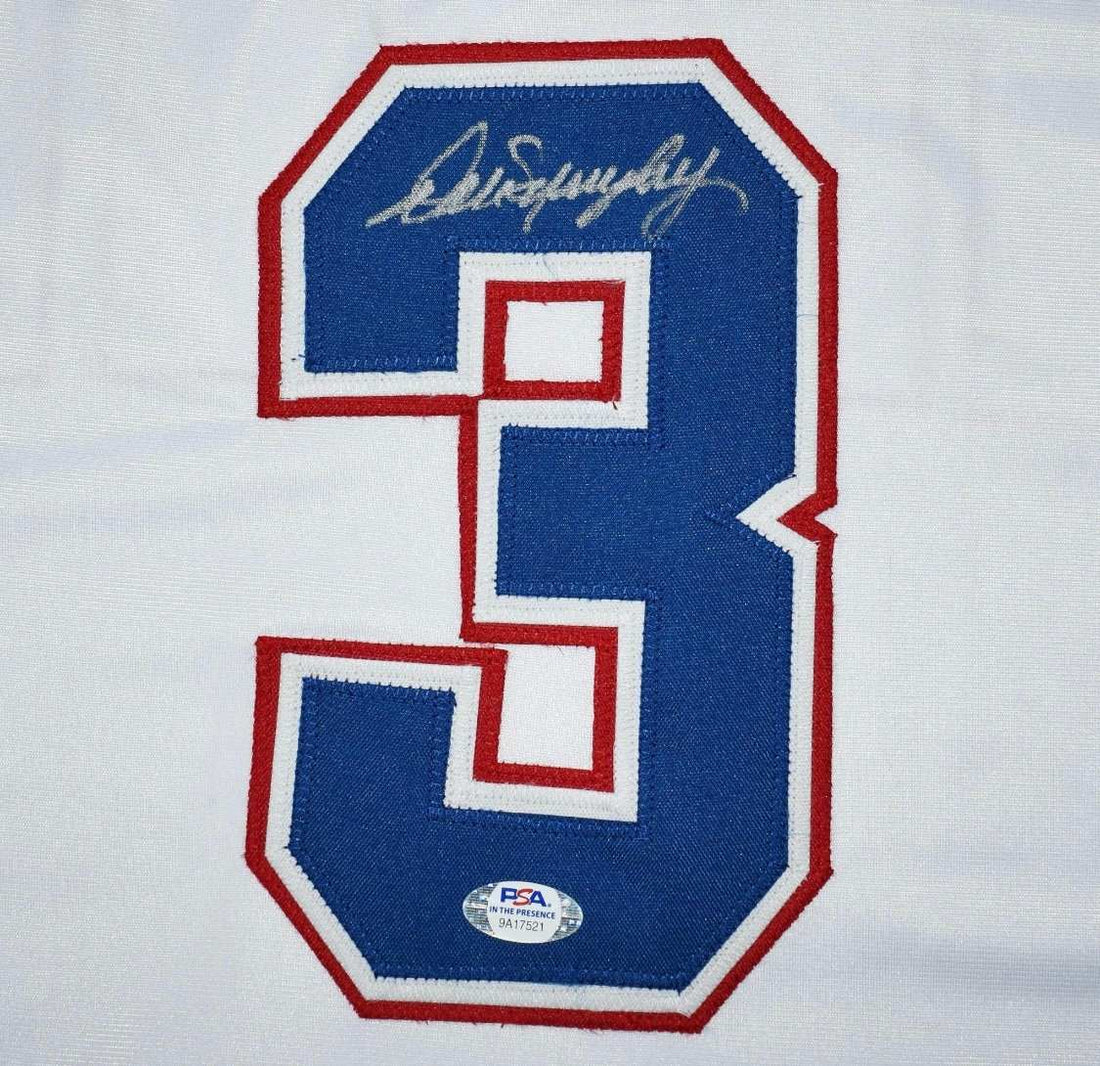 Dale Murphy signed Atlanta Braves white throwback baseball jersey with blue sleeves and number 3 autograph