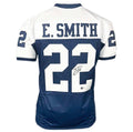 E. Smith signed navy and white sports jersey number 22 back view