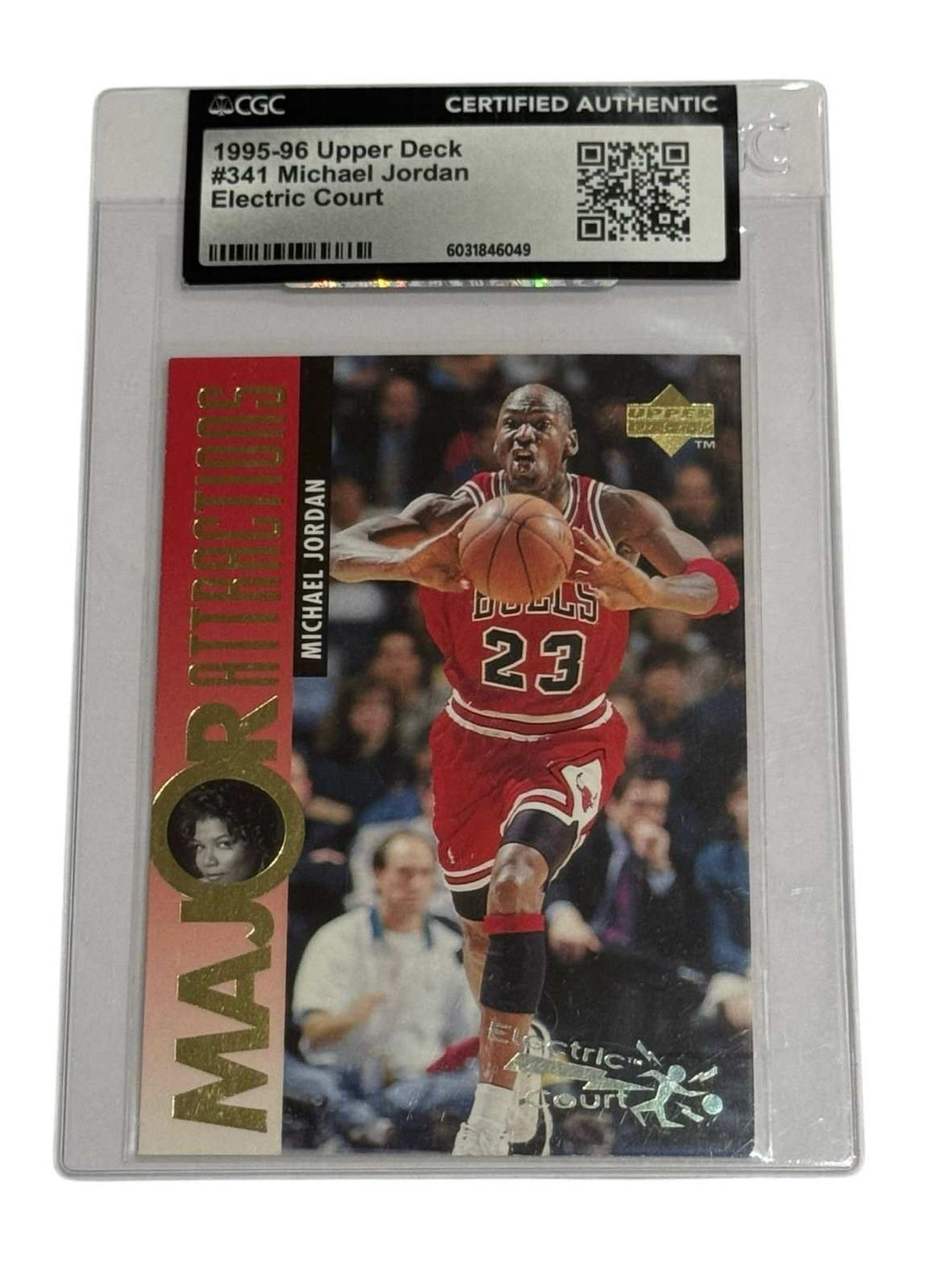 1995-96 UD Michael Jordan Electric Court certified basketball trading card with Queen Latifah insert