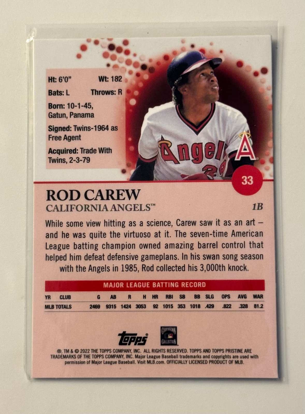 2022 Topps Pristine Champions Rod Carew California Angels baseball card #33 back view