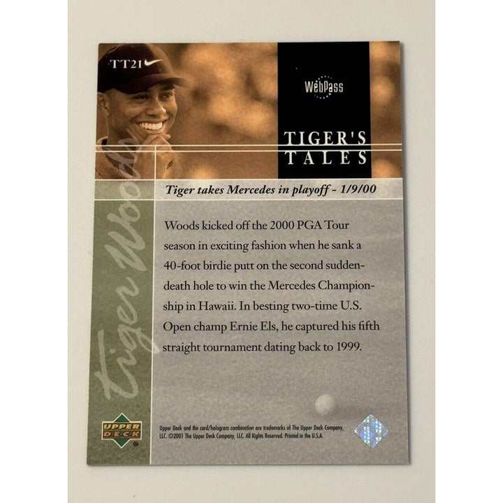 2001 Upper Deck Tiger Woods rookie golf card TT21 near mint condition PGA Tour collectible