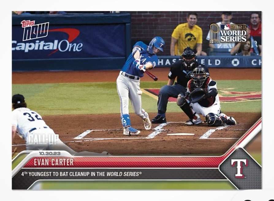 World Series 2023 Topps Now card featuring Evan Carter batting cleanup for Texas Rangers in MLB postseason game