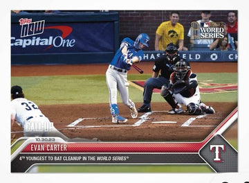 World Series 2023 Topps Now card featuring Evan Carter batting cleanup for Texas Rangers in MLB postseason game