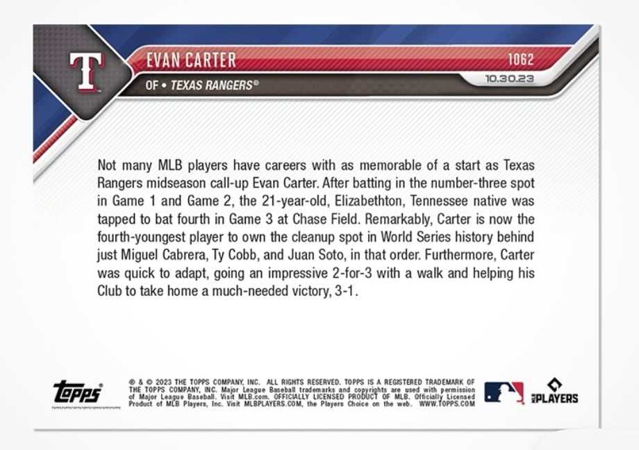 World Series 2023 Topps Now card featuring Evan Carter batting cleanup for Texas Rangers in MLB postseason game