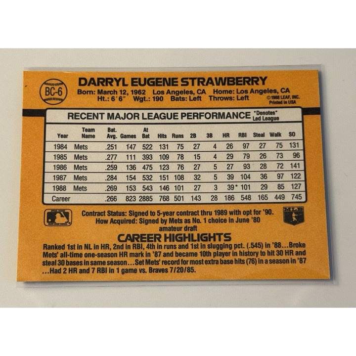 1989 Donruss trading card of Darryl Strawberry MVP with NY Mets logo in mint condition