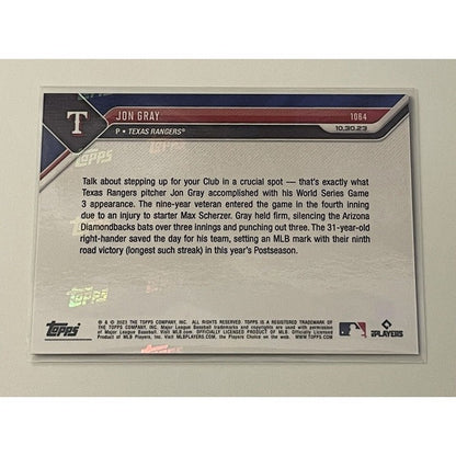 Jon Gray 20/49* Pitches In Relief 2023 MLB TOPPS NOW MLB Rangers WS - Card #1064