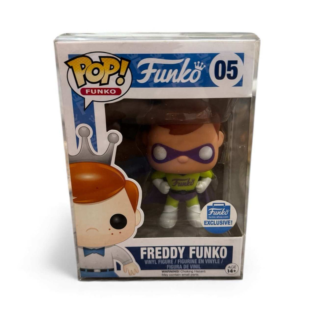 Freddy Funko #05 Funko-Shop Exclusive vinyl figure in sealed display case with superhero costume.
