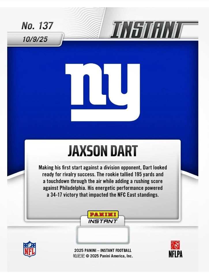 2025 Panini Instant Jaxson Dart NFL New York Giants rookie card #137
