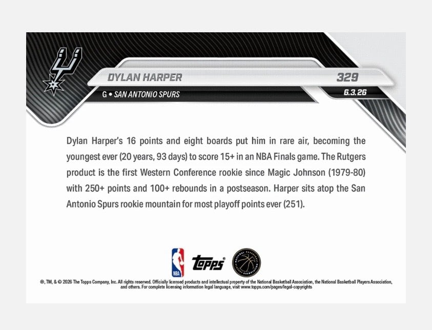 Dylan Harper RC 2026 Topps NOW #329 NBA Finals Spurs 7472 PR